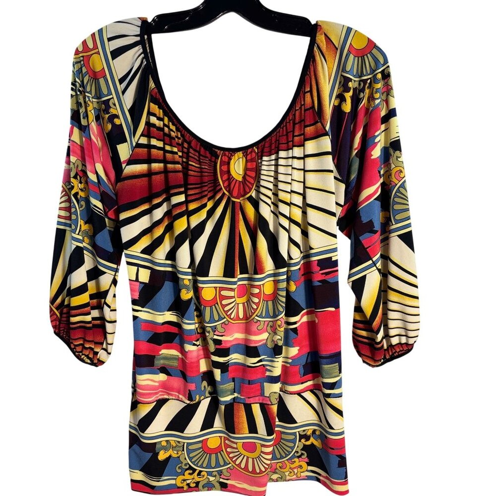 Evovorro Graphic Print Peasant Top Small Multicolor Boho Tunic 3/4 Sleeve - Picture 6 of 11